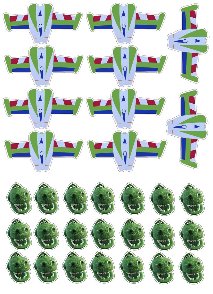 an assortment of green and red airplanes with alligator heads on them, all facing different directions