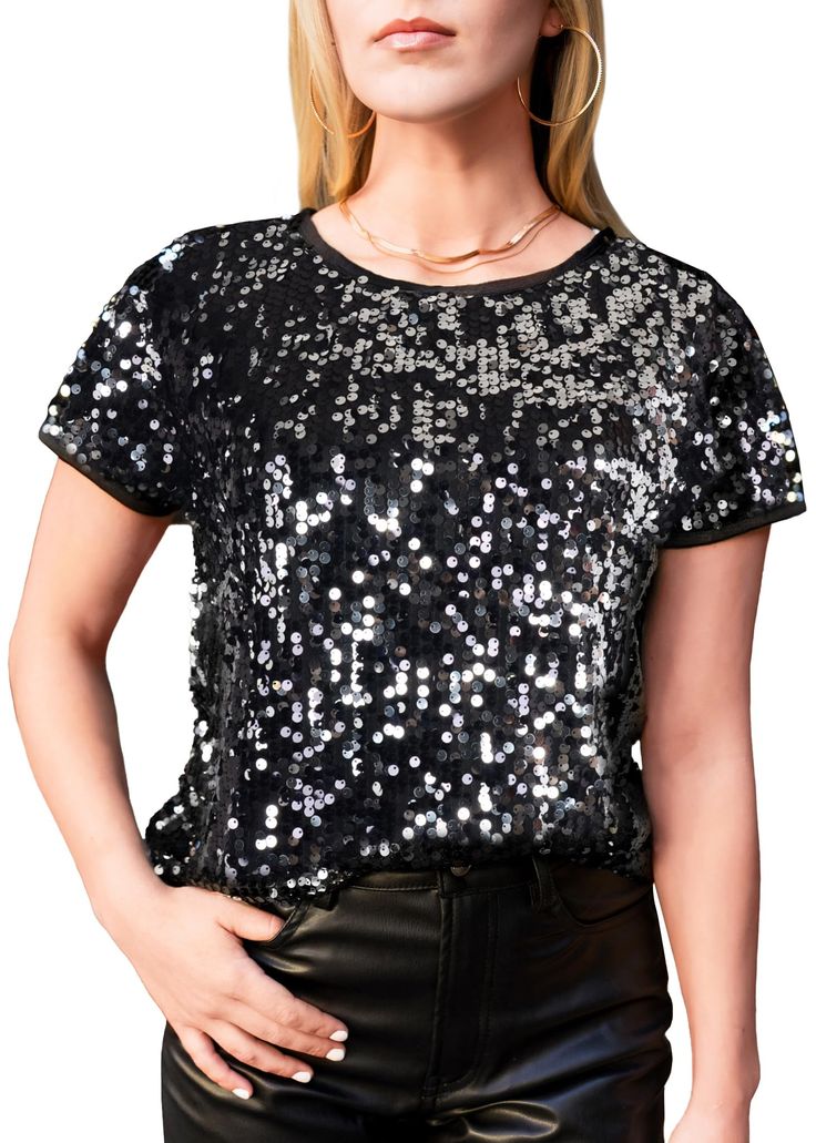 PRICES MAY VARY. SPARKLY SEQUIN TOPS. These sparkle full sequin tops for women made of lightweight 100% polyester fabric with a little bit of stretch, has a soft full lining that keeps you comfortable. It has durably stitched all-over sequins won't easy to come off or splitting. FULL SEQUIN PARTY TUNIC TOPS. This womens party shirt features all over shiny sequins, short sleeve, round neck, slim fitted design, glitter sequins make you stand out from the crowd, sparkly tunic tops for women dressy, Sparkly Sequin Top, Sparkly Shirt, Tunic Tops For Women, Glitter Shirt, Disco Shirt, Tops Short Sleeve, Sequin Party, Summer Streetwear, Streetwear Aesthetic