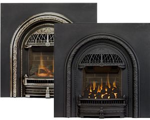 two black fireplaces side by side with fire in them