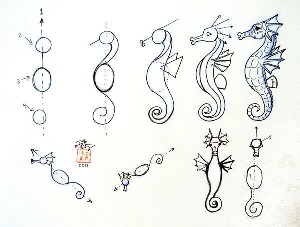 a drawing of seahorses and other marine creatures on a sheet of white paper