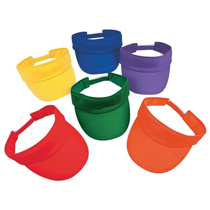 six different colors of visor hats on a white background