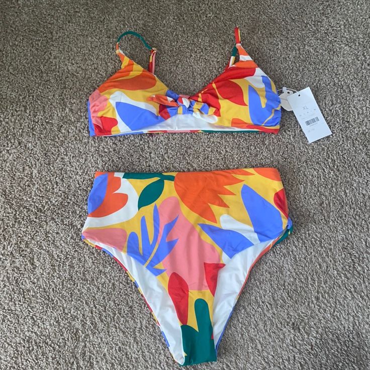 Two Piece High Waisted Swimsuit Bikini Never Worn Before New With Tags Size Xl Brand Is Blooming Bought From Overseas In Vacation But Never Worn Vibrant Print Swimwear For Spring Sunbathing, Vibrant Swimwear For Sunbathing In Spring, Multicolor High Waist Swimwear For Sunbathing, Colorful Swimwear With Vibrant Print For Summer, Yellow Vibrant Print Swimwear For Poolside, Multicolor High Waist Tankini For Beachwear, Multicolor Printed Swimwear For Summer Parties, Colorful Vibrant Swimwear For Beach Season, Colorful Vibrant Print Swimwear For Summer