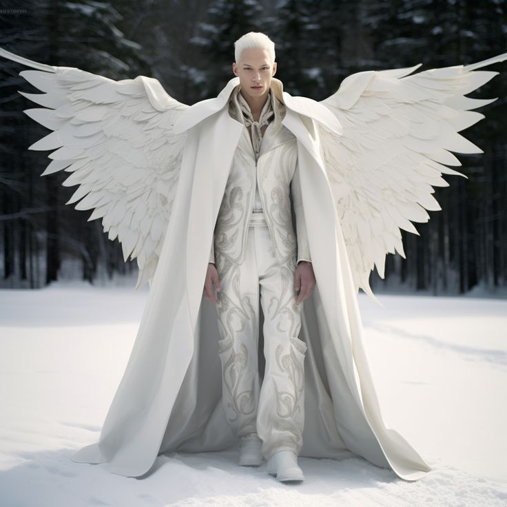 a man with white wings standing in the snow