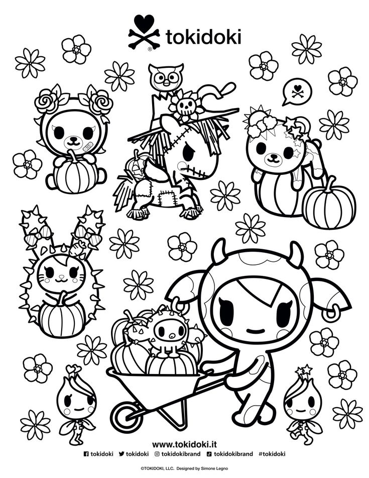 the coloring page for tokidoki is full of cute little animals and flowers