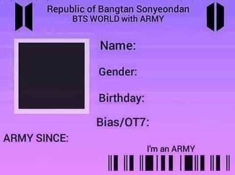 Army Id Card, Id Card Design Kpop, Bts Tickets, Collage Photo Frame Design, About Me Template, Pineapple Sticker, Easy Korean Words, Bts Name, Bts History