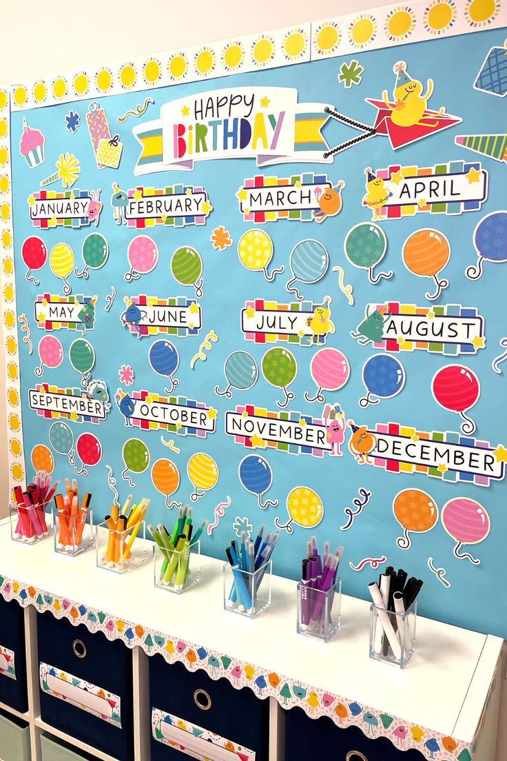 a birthday bulletin board with lots of writing on it and pencils lined up in front of it