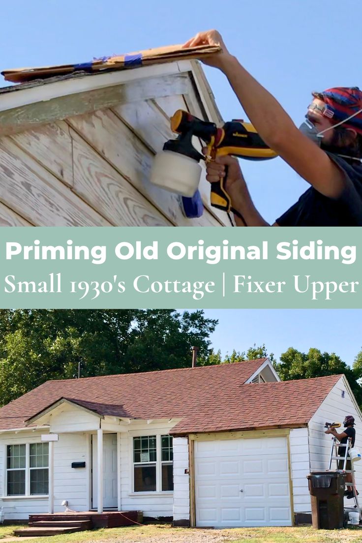 man spraying primer on old cottage siding 1930 Home Remodel, Old Wood Siding House Exterior, Renovating A Small Old House, Old House Renovation Exterior, Old Cottage Renovation, Small Old House Renovation, 1930s House Interior Original, 1920 Bungalow Remodel, 1920s House Exterior