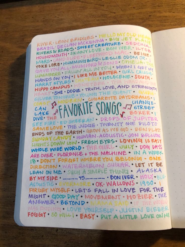 an open notebook with the words favorite songs written in different colors and sizes on it