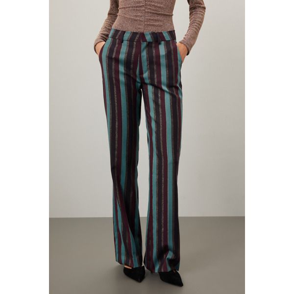 Multicolor stripe cotton (64% Polyester, 34% Viscose, 2% Elastane). Pants. Front zipper fly with button closure. 30" inseam. 11" rise. Imported. Fitted Striped Straight Pants, Fitted Straight Pants With Vertical Stripes, Striped Straight Pants With Contrast Stripes, Pinstripe Wide Leg Cotton Bottoms, Vertical Stripes Long Pants For Work, Striped High-waisted Pants, Striped Trousers With Contrast Stripes, Vertical Stripes Pants For Workwear, Striped Straight Pants