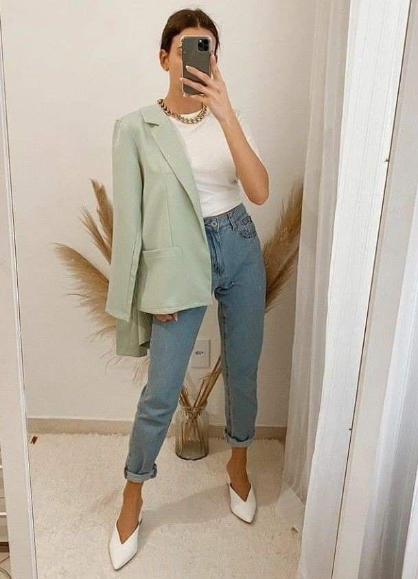 Green Smart Casual Outfit Women, Jade Blazer Outfit, How To Style Mint Green Blazer, Green Pastel Blazer Outfit, Mint Color Blazer Outfit, Seafoam Blazer Outfit, Sage Green Business Casual, Mint Suit Women Outfit, Pistachio Blazer Outfit