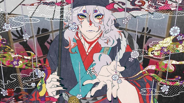 an anime character with long white hair and blue eyes is sitting in front of some decorations