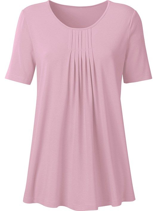 If you like fashion that shows off your best side, you will love this top! Flattering details with front pleats, which pop up downwards to add flattering width. Slightly flared A-line. Length approx. 28 inches (misses). 92% rayon, 8% elastane. Machine washable. Imported. Pleated Stretch Top For Summer, Summer Stretch Pleated Top, Summer Pleated Tops With Relaxed Fit, Pleated Relaxed Fit Tops For Summer, Casual Pintuck Short Sleeve Tops, Casual Short Sleeve Tops With Pintucks, Summer Pintuck Short Sleeve Tops, Summer Relaxed Fit Top With Pintucks, Casual Pleated Stretch Tops