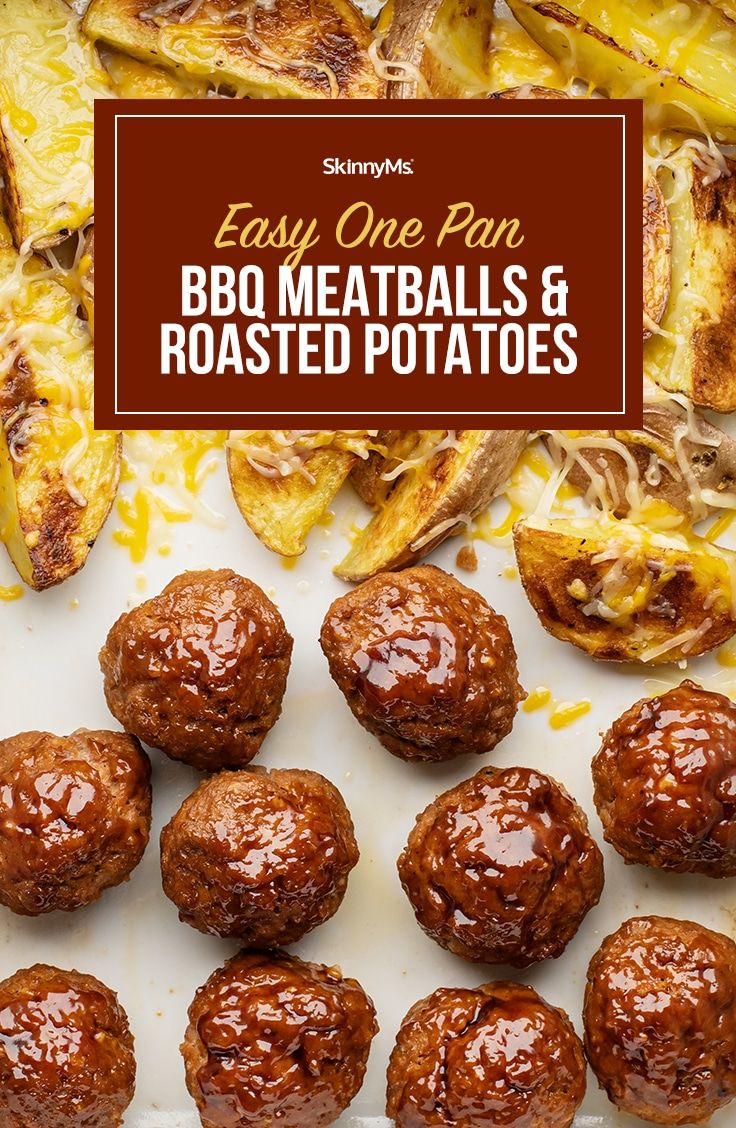 easy one pan bbq meatballs and roasted potatoes on a white plate with text overlay