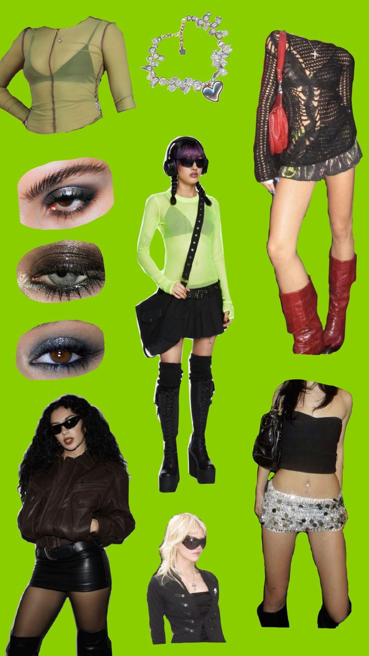 a collage of photos with different women's clothing and accessories on green background