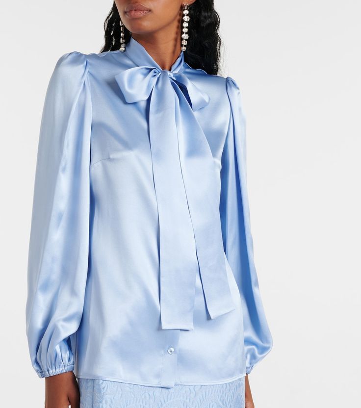 Bow-detail silk satin blouse in blue - Dolce Gabbana | Mytheresa Luxury Satin Tops, Formal Silk Tie-neck Blouse, Formal Silk Tie Neck Blouse, Silk Tie Neck Blouse For Formal Occasions, Blue Silk Luxury Tops, Elegant Silk Button-up Top, Luxury Blue Silk Top, Luxury Blue Silk Tops, Classic Blue Silk Blouse