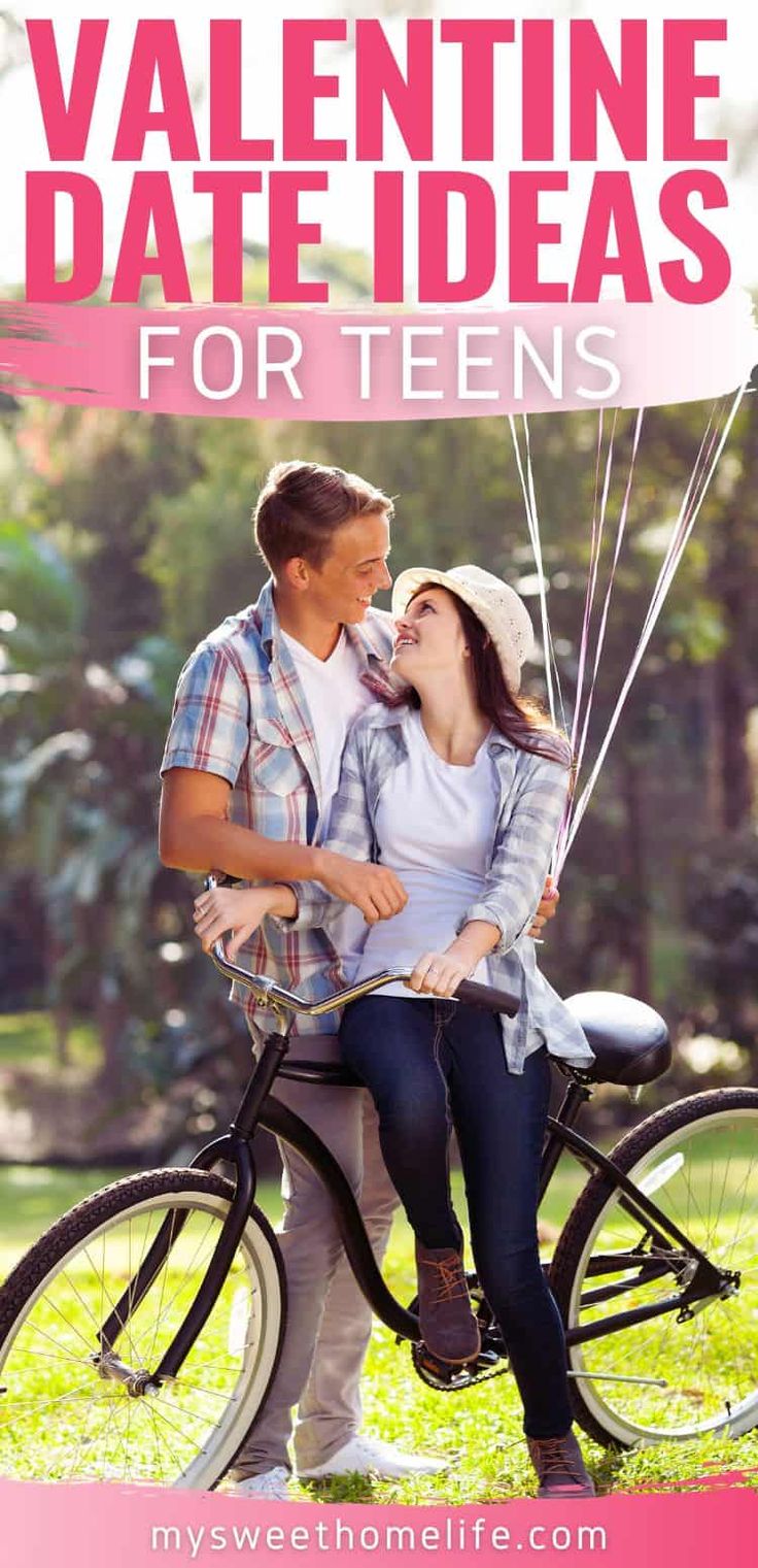 a man and woman on a bike with the text valentine date ideas for teens