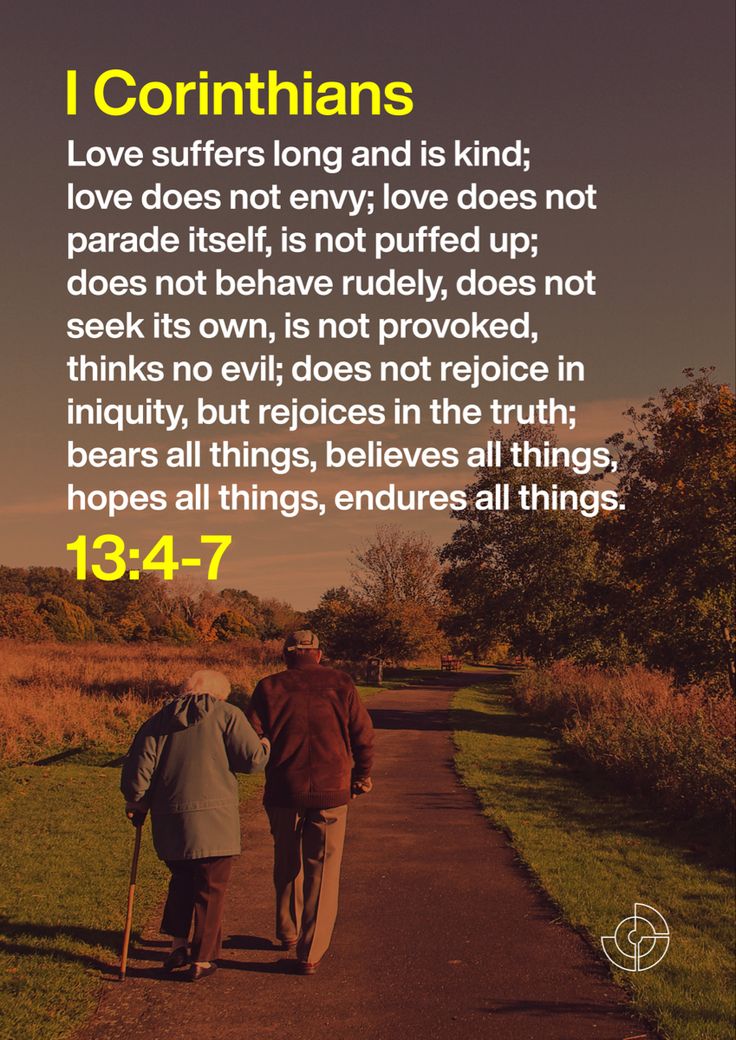 two elderly people walking down a path with the words i corintians above them