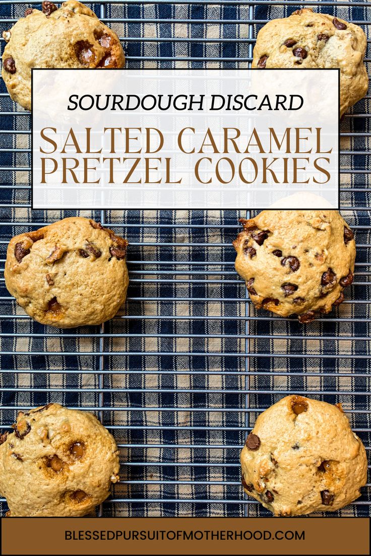 salted caramel pretzel cookies on a cooling rack with text overlay