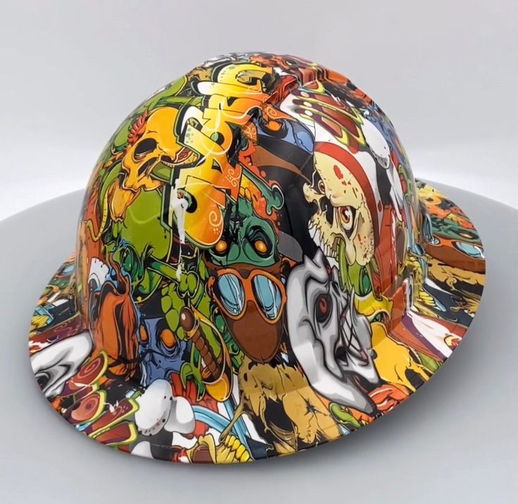 Graffiti in various colors on a Pyramex® Ridgeline® Protective Hard Hat. The hard hat comes equipped with original Pyramex® hard hat suspension with ratchet wheel. Proudly customized in the USA. Non-Vented Hard Hats meet ANSI Z89.1-14, CSA Z94.1-15, Type I Class C, E & G. Hard Hats, Cowboy Hats, Hard Hat, Caps Hats, Accessories Hats, Graffiti, Wheel, Etsy Uk, Hats