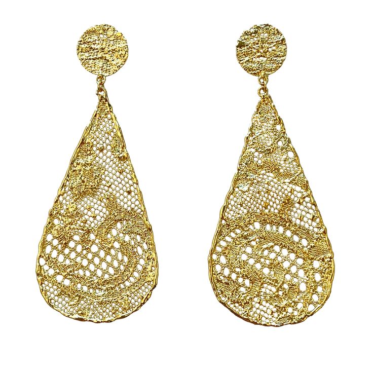 Large lace teardrop earrings dipped in 24k gold. Luxury Teardrop Diamond Earrings, Filigree Teardrop Chandelier Earrings, Teardrop Filigree Chandelier Earrings, Teardrop Pierced Earrings For Evening, Formal Teardrop Chandelier Earrings With Intricate Design, Handmade Elegant Teardrop Earrings, Luxury Teardrop Earrings For Evening, Elegant Pierced Teardrop Earrings, Handmade Elegant Teardrop Crown Earrings