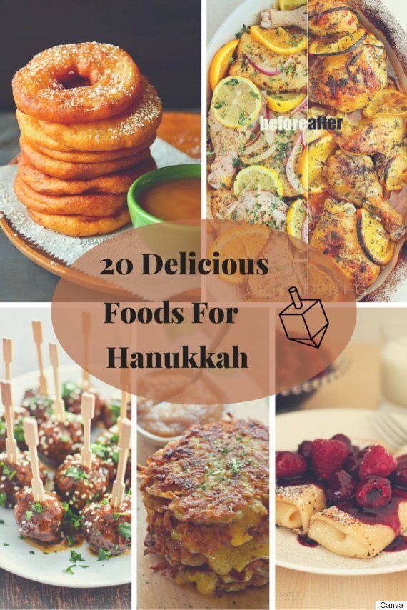 many different foods are shown with the words 20 delicious foods for hanukkah