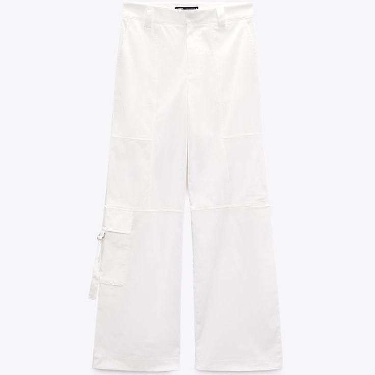 New Without Tags, Purchased For 75$ At Zara Chic White Bottoms With Cargo Pockets, Spring Wide-leg Parachute Pants With Patch Pockets, Spring Utility Wide-leg Pants, White Parachute Pants For Workwear With Pockets, White Trousers With Patch Pockets, White Straight Parachute Pants For Work, White Wide Leg Bottoms With Patch Pockets, White Wide-leg Bottoms With Patch Pockets, White Parachute Pants With Side Pockets For Work