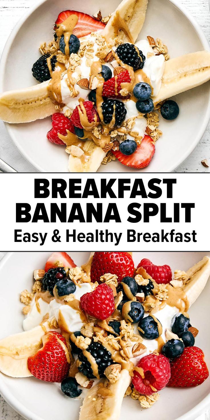 Breakfast banana split recipe Banana Split With Yogurt, Breakfast Yogurt Bar Ideas, Clean Eating Breakfast On The Go, Frozen Fruit Breakfast Ideas, Yogurt Breakfast Recipes, Meal Prep Breakfast Ideas Healthy, Breakfast Fruit Ideas, High Fiber Breakfast Ideas, Fiber Breakfast Ideas