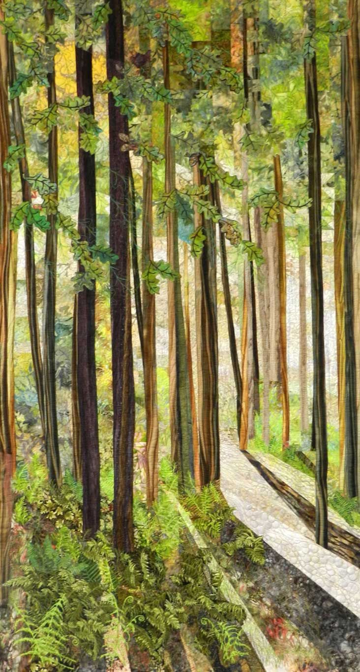 a painting of trees and grass in the woods