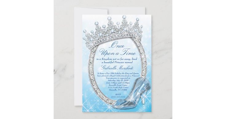 a blue shoe and tiara wedding card with the words, no one upon time on it