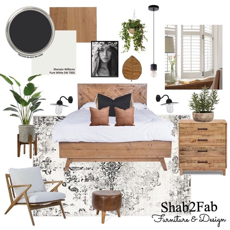 the bedroom is decorated in shades of brown, black and white with pops of color