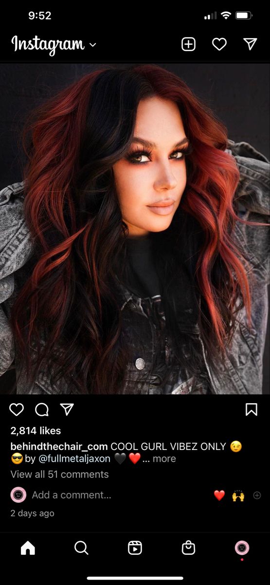 Dark Hair With Funky Color, Fall Hair Color Split Dye, Quarter Panel Hair Color, Color Split Hair, Black And Burgundy Split Hair, Short Christmas Hair Color, Red Hair With Dark Money Piece, 4 Section Split Dye Hair, Black Hair Color Block