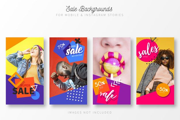 three colorful banners with different images on them, one for sale and the other for sales