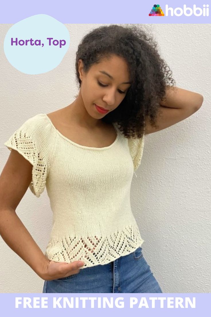 a woman with her hands on her head and the text, free knitting pattern for short - sleeved tops