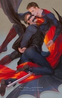 two men dressed as superman and black widow, one holding the other in his arms