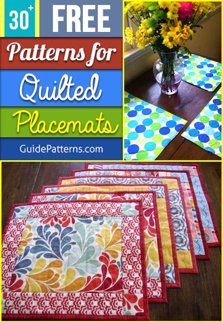 quilted placemats with the title overlay that reads 30 free patterns for quilted placemats