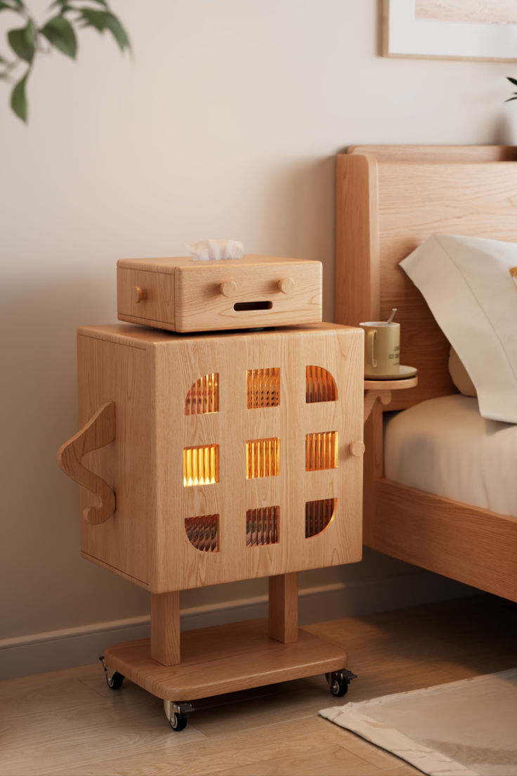 a bed with a wooden night stand on wheels