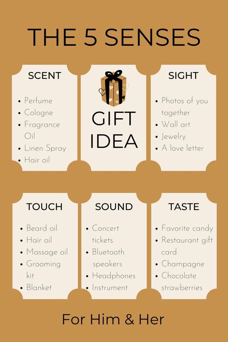 the 5 senses gift idea for him and her with text overlaying it that reads,