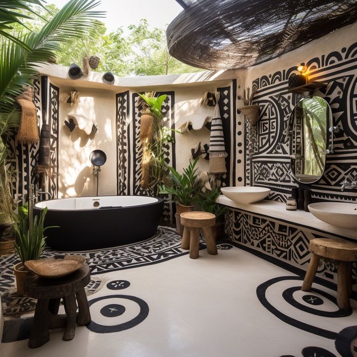 an exotic bathroom with black and white decor