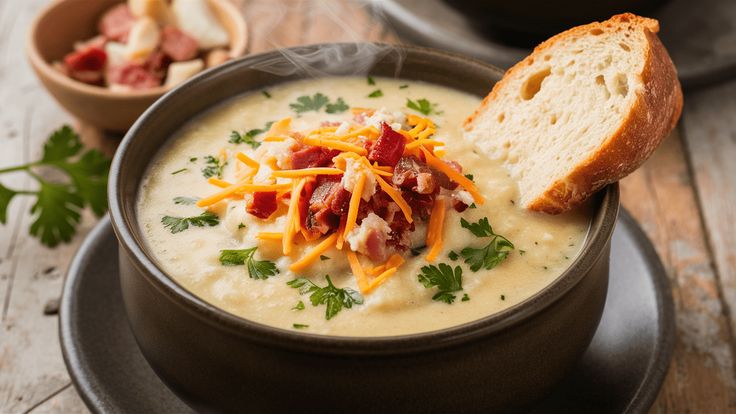 a bowl of soup with bread and cheese on the side