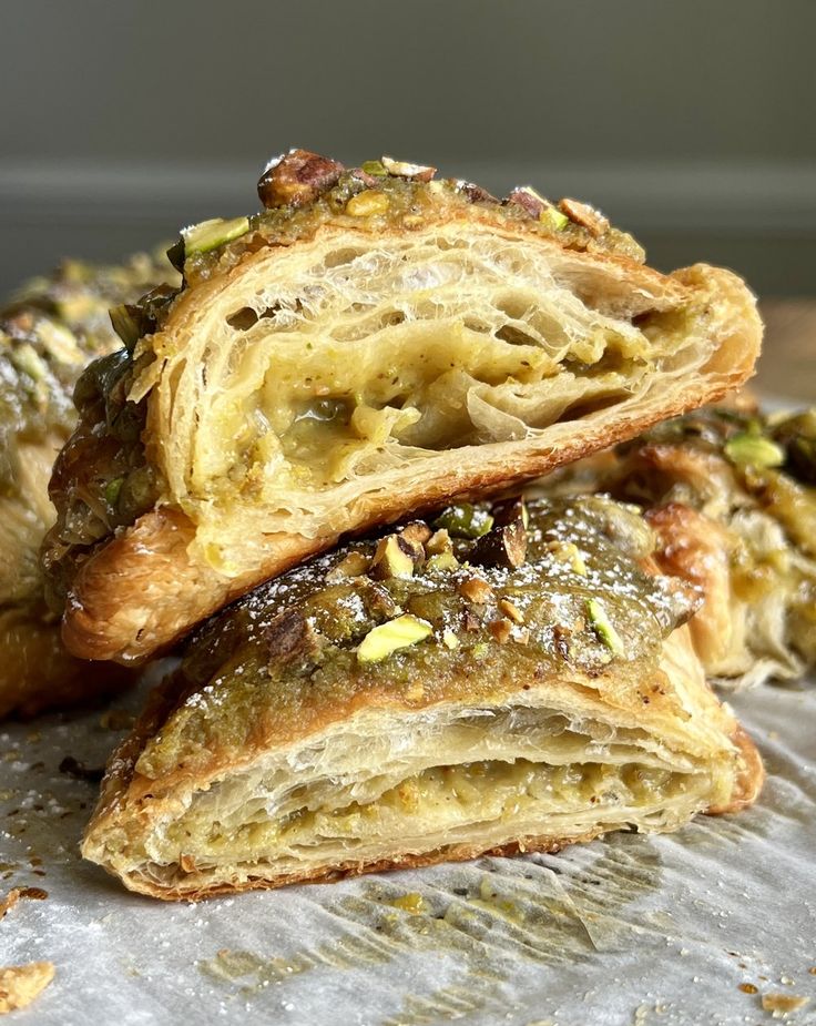 Pistachio Baklava Croissants — Well Made by Kiley Pistachio Cream Filled Croissant, Pistachio Baklava Rolls, Pistachio Puff Pastry Dessert, Baklava Croissant, Pistachio Pastry, Pistachio Croissant, Croissant Recipes, Hazelnut Dessert, Choux Dough