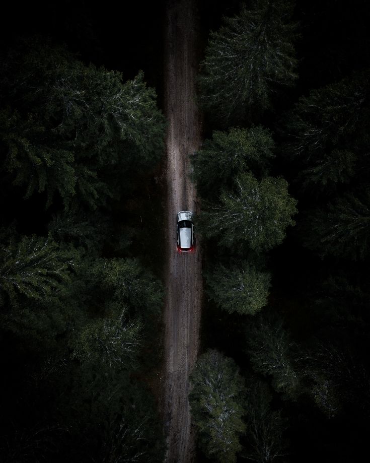 an aerial view of a car driving through the woods