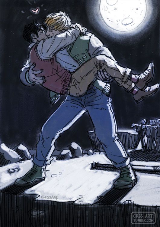 a drawing of two people hugging in front of a full moon