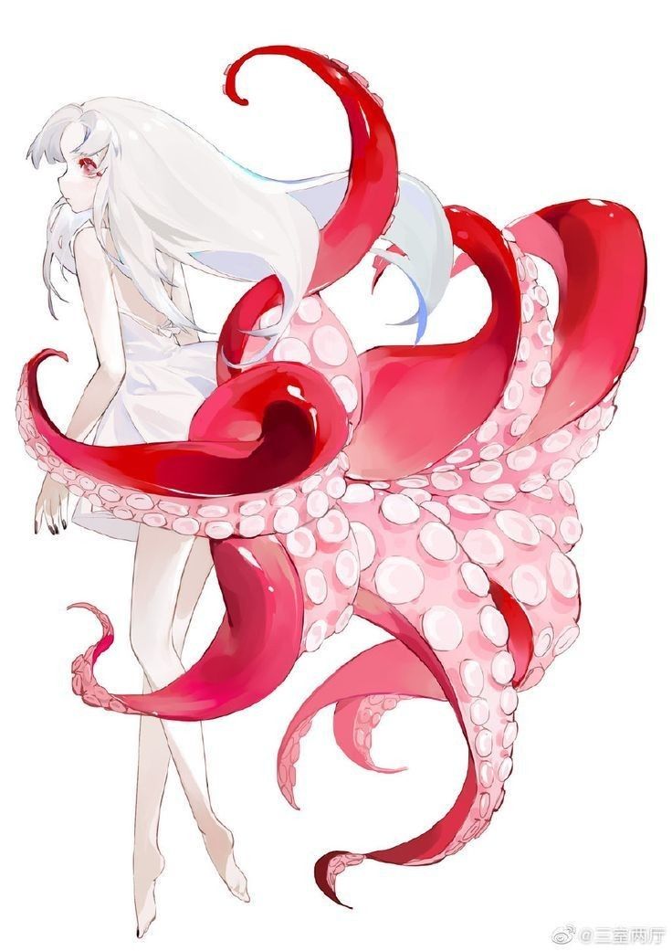 a woman in white and red dress holding an octopus like object