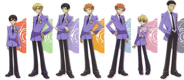 an anime character is standing in front of several different colored banners and wearing a purple suit