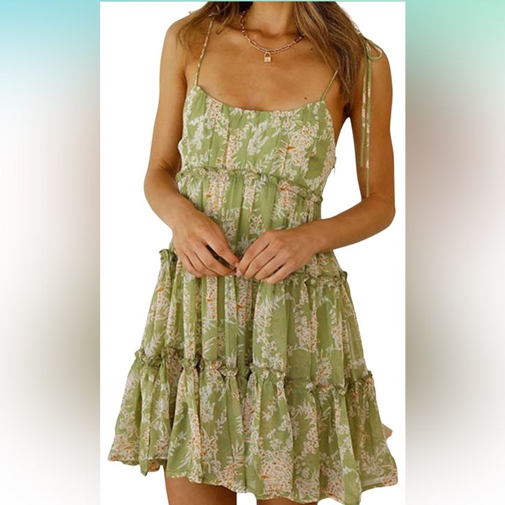 Floral Mini Dress Boho Flowy Skater Dresses Short Sleeveless Ruffle Spaghetti Strap Dress, 1-C-Green Flower, X-Large, Im A Size 16/18 Fits Perfect But Never Used Only Tried It On, Just No Longer Needed Bohemian Dresses Short, Birthday Picnic, Robes Glamour, Pink Dot, Italy Outfits, Euro Summer, Boho Floral Dress, Sling Dress, Hozier