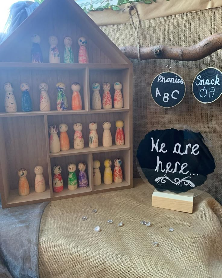 there is a small wooden doll house with lots of dolls in it and a sign that says we are here