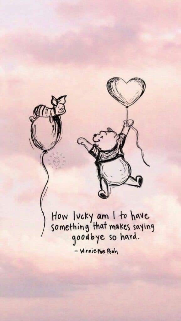 winnie the pooh quote with balloons floating in the air and an elephant holding a heart balloon