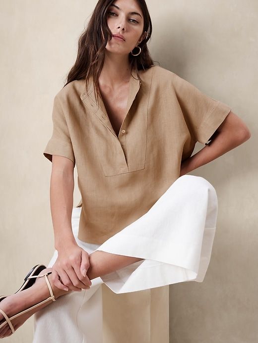 Linen Popover Shirt | Banana Republic Linen Shirt Outfit, Short Sleeve Linen Shirt, Linen Shirts Women, Popover Shirt, Work Wear Women, Black Shirt Dress, Tailored Shirts, Linen Shirt, Short Sleeve Shirt