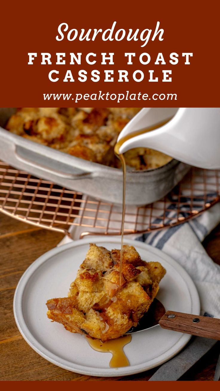 a white plate topped with french toast casserole next to a pan of food