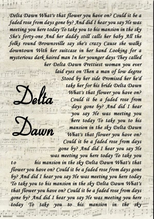 an old sheet with the words delta dawn written on it